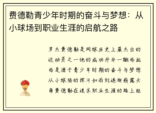 费德勒青少年时期的奋斗与梦想：从小球场到职业生涯的启航之路