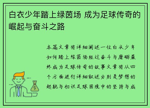 白衣少年踏上绿茵场 成为足球传奇的崛起与奋斗之路